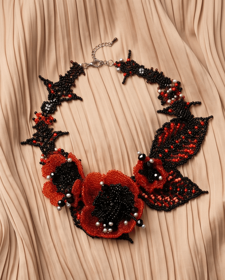 Red Poppy Beaded Statement Necklace
