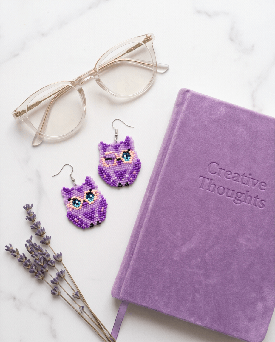 Purple Owl Beaded Drop Earrings