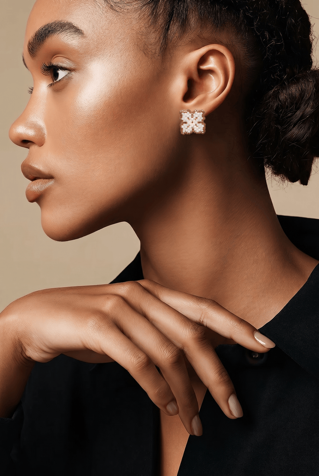 White & Gold Clover Beaded Stud Earrings
