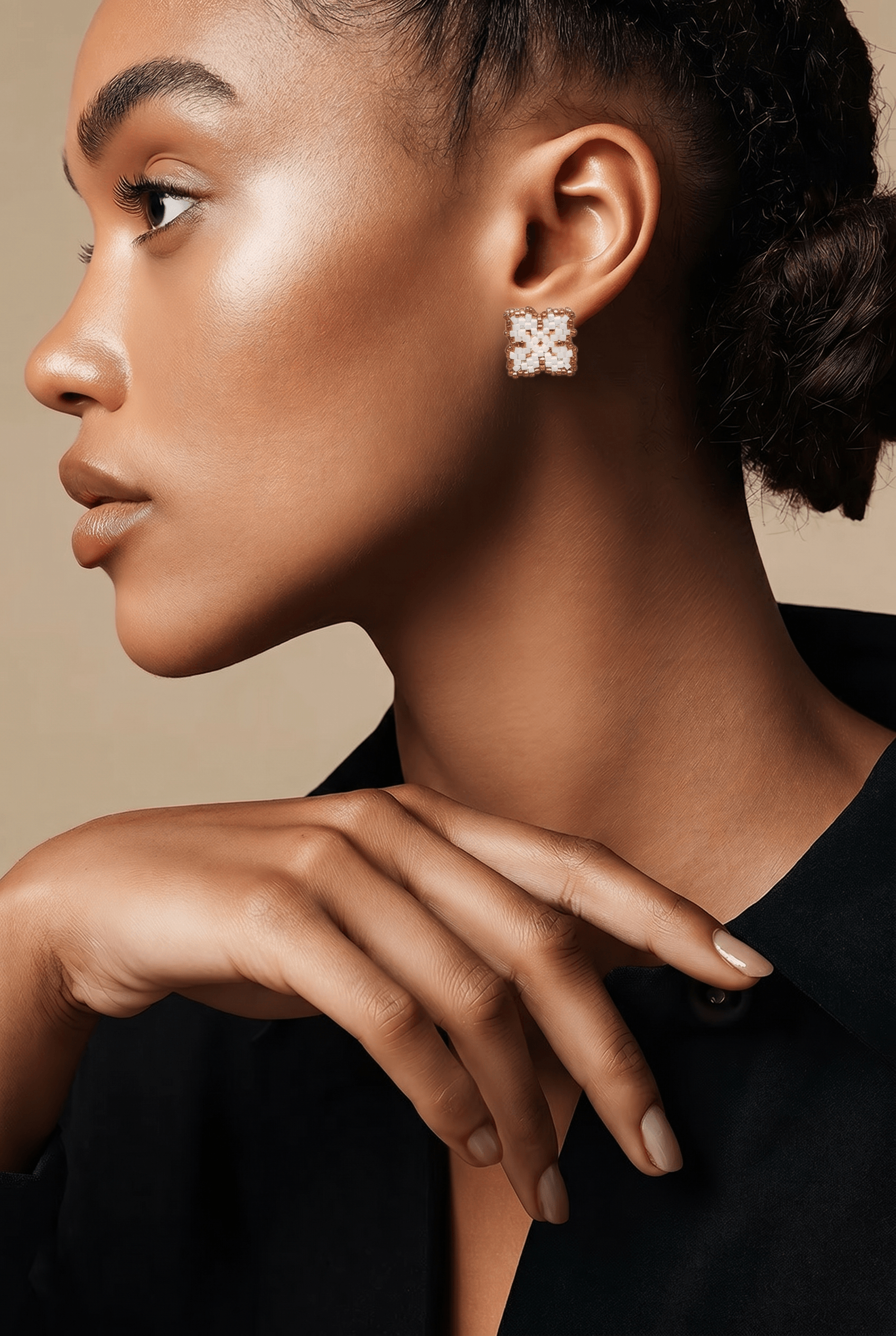 White & Gold Clover Beaded Stud Earrings