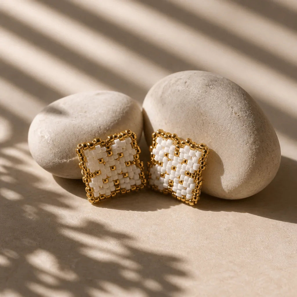 White & Gold Clover Beaded Stud Earrings