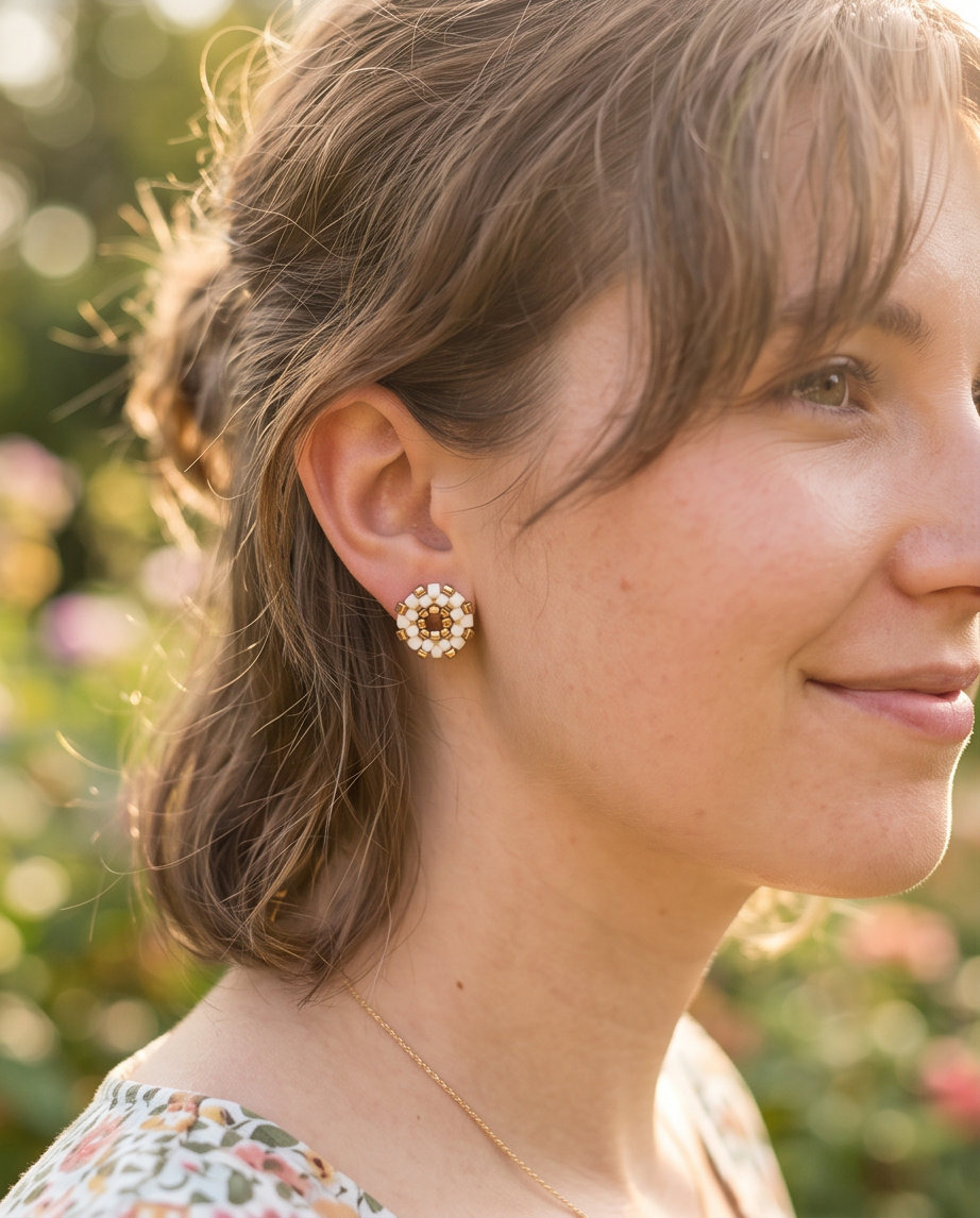 White & Gold Floral Beaded Stud Earrings