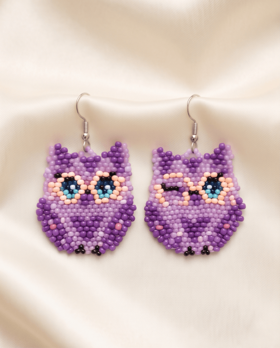 Purple Owl Beaded Drop Earrings