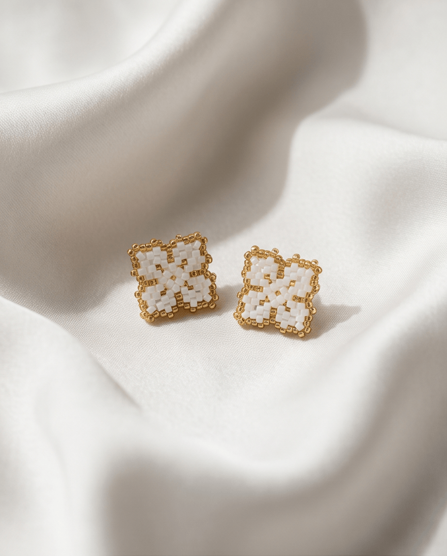 White & Gold Clover Beaded Stud Earrings