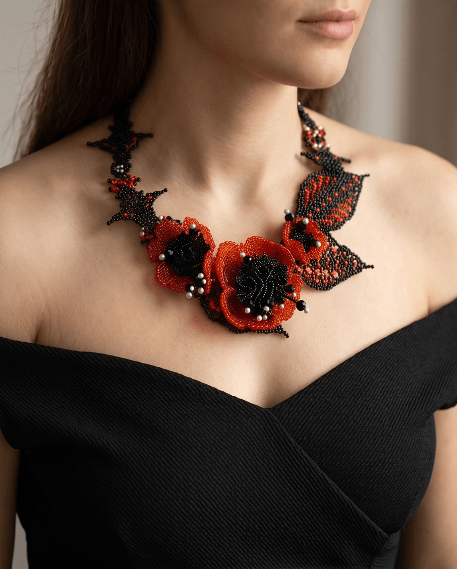 Red Poppy Beaded Statement Necklace