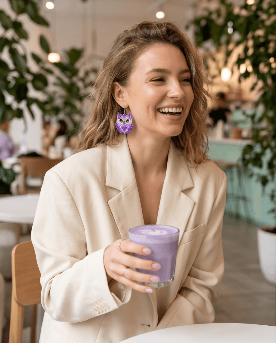 Purple Owl Beaded Drop Earrings