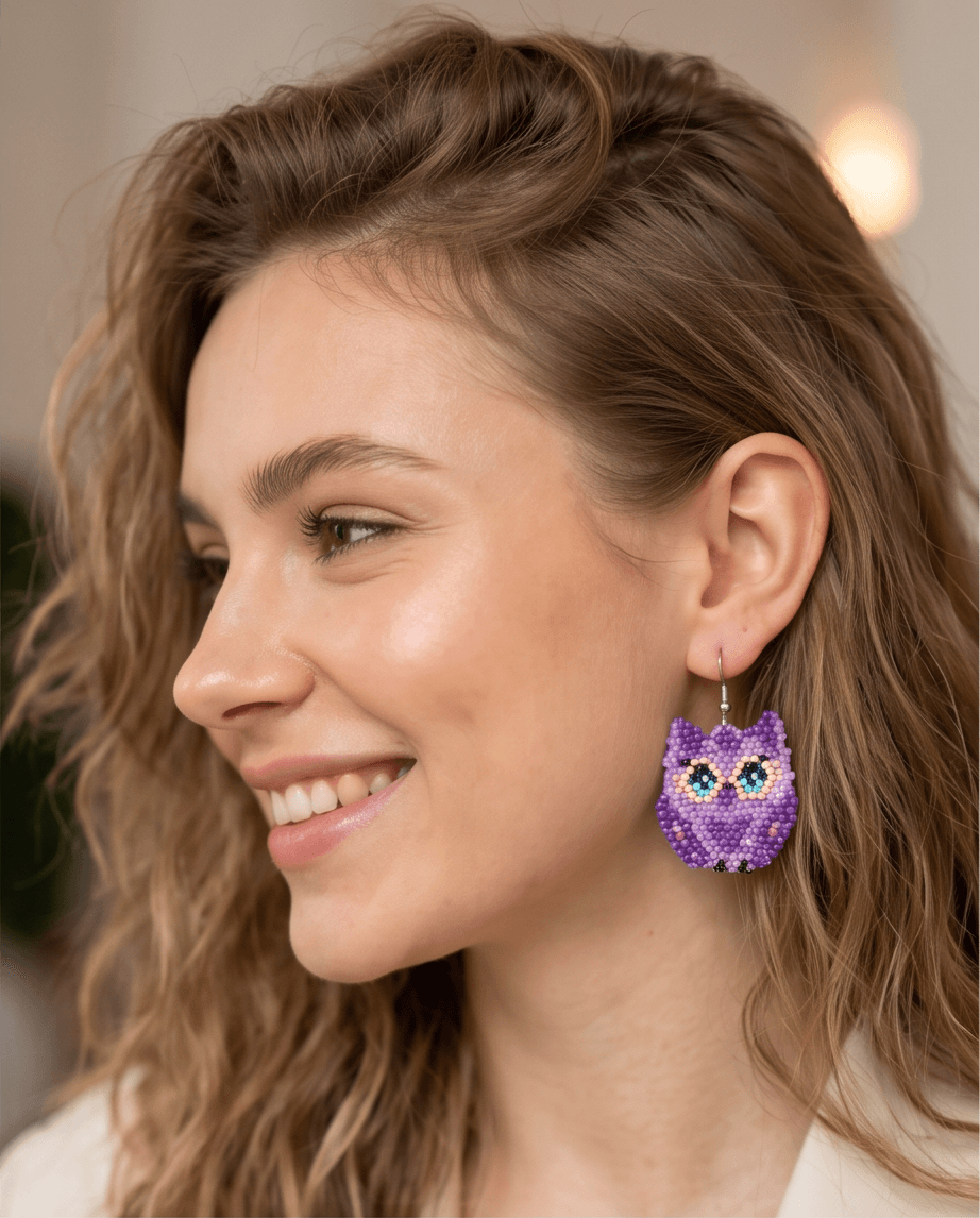 Purple Owl Beaded Drop Earrings