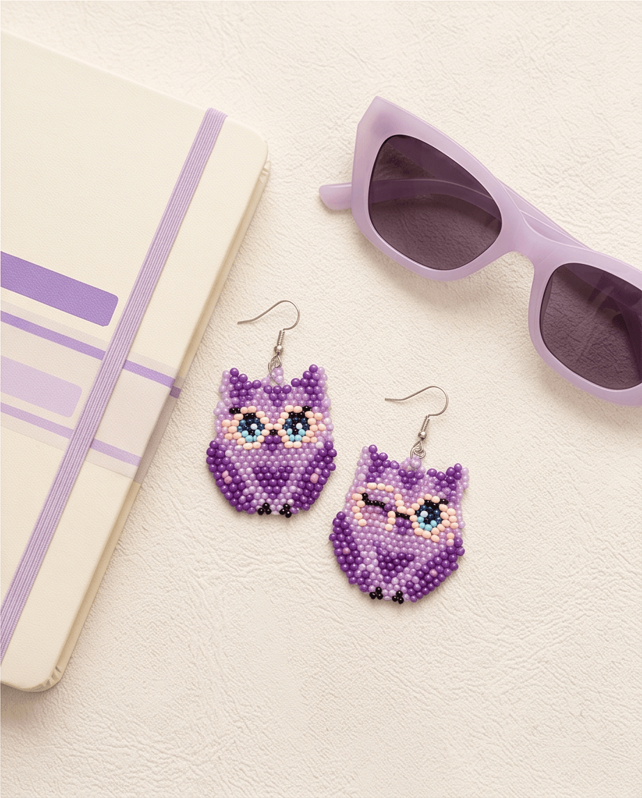 Purple Owl Beaded Drop Earrings