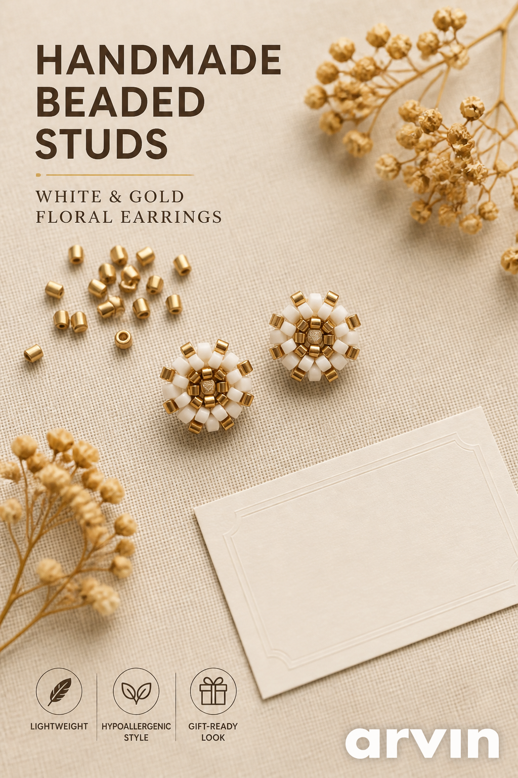White & Gold Floral Beaded Stud Earrings