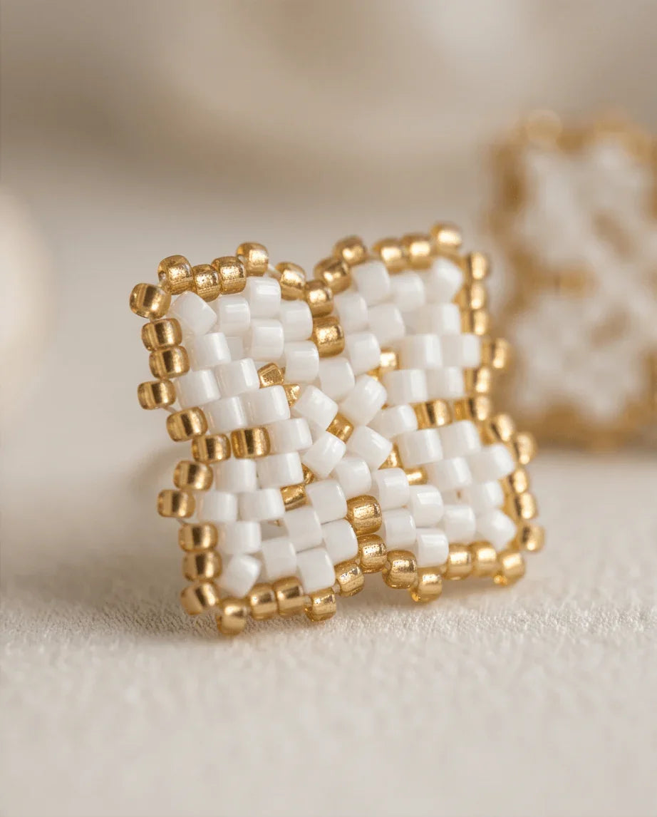 White & Gold Clover Beaded Stud Earrings