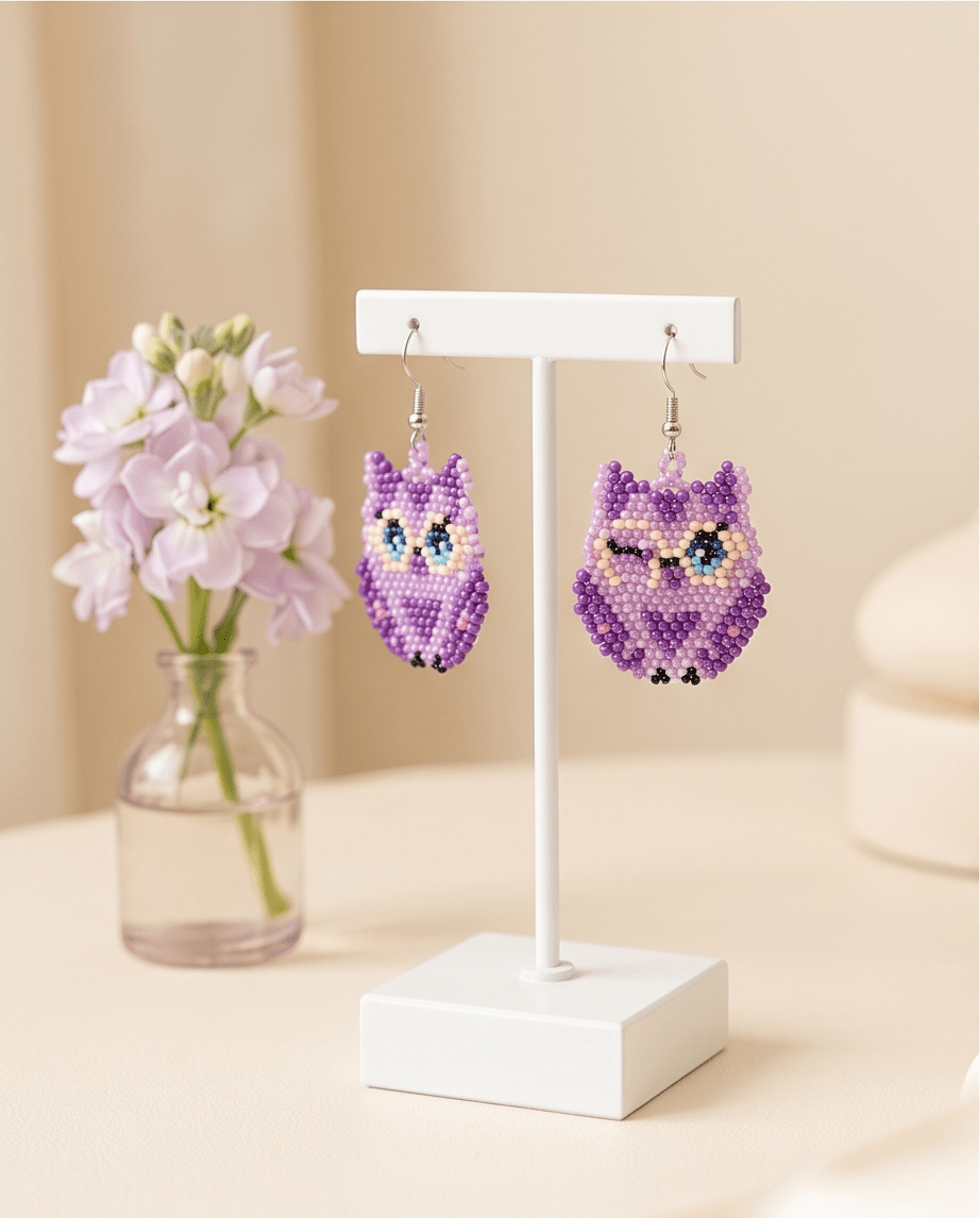Purple Owl Beaded Drop Earrings